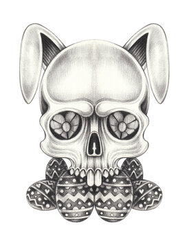 Skull bunny easter day design by hand drawing on paper.