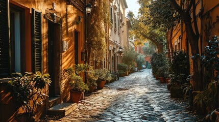 Cozy street in Trastevere, Rome, Europe. Created with generative AI.