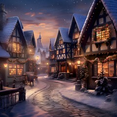 Digital painting of a winter street with houses and christmas lights. - obrazy, fototapety, plakaty