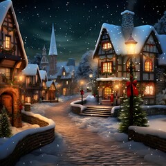 Digital illustration of a winter village at night with houses and christmas tree