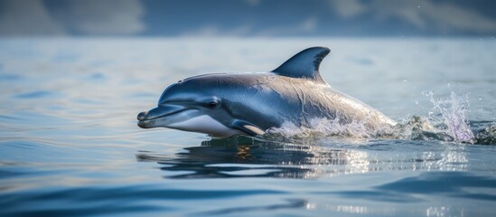 Fototapeta premium A dolphins dorsal fin breaks the surface of the water as it gracefully swims through the ocean, effortlessly gliding through the blue waters.