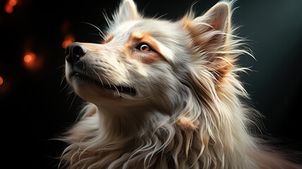 A blonde dog captured in a portrait with a reflective, pensive look