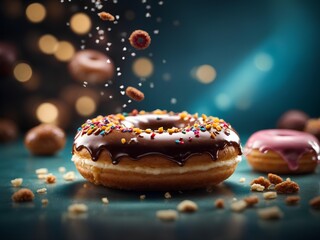 Glazed doughnut, chocolate donut, cinematic food photography, studio lighting and background 