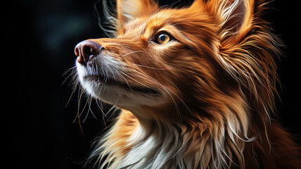 Striking portrait of a red fox-like dog with a sharp, attentive gaze