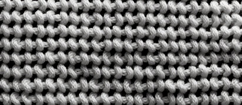A detailed close-up of a black and white knitted cloth, showcasing its intricate pattern and texture on a gray cotton background. The image is taken from the top with selective focus.