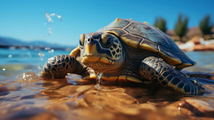A serene sea turtle soaking up the sun on a sandy shore