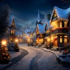 Winter village at night with Christmas trees and snowflakes. Illustration.