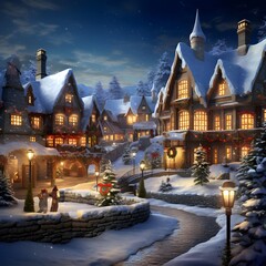 Winter night in the village. Christmas and New Year holidays concept. - obrazy, fototapety, plakaty