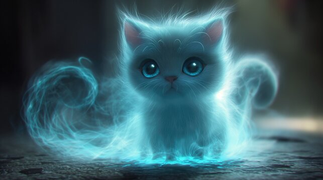 cute cartoon white ghost cat floating in the air. Happy Halloween Holidays. Created with Generative AI.	