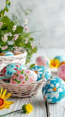 Fototapeta na wymiar Painted Eggs with Flowers. Easter Banner with copy-space