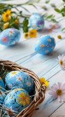 Painted Eggs with Flowers. Easter Banner with copy-space