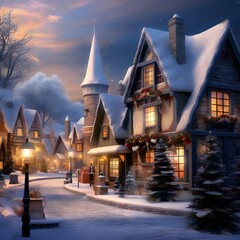 Winter night in a snowy town with trees, houses and lanterns