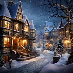 Winter night in the old town. Christmas and New Year background.