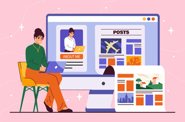 Woman blogging online concept. Young girl with laptop creating interesting content for social networks and messengers, website. Posts on internet. Cartoon flat vector illustration