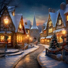Fototapeta na wymiar Winter night in the village. Christmas and New Year. Digital painting.