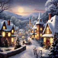 Digital painting of a winter night in a snowy village with christmas trees