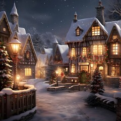 Winter village at night. Christmas and New Year concept. 3d rendering - obrazy, fototapety, plakaty