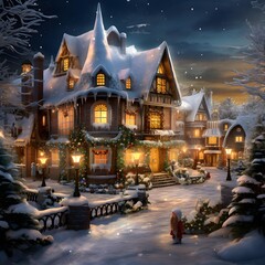 Beautiful wooden house in snowy forest at night, Christmas and New Year background