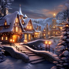 Winter village in the snow at night. Winter fairy tale. 3d render