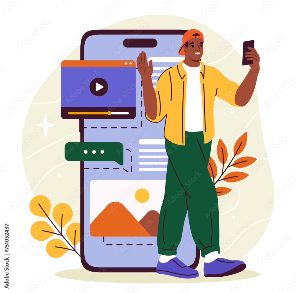 Poster content creation concept. man with smartphone in hands near articles with text and pictures. young g