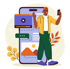 Content creation concept. Man with smartphone in hands near articles with text and pictures. Young guy with articles in social networks. Cartoon flat vector illustration isolated on white background