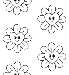 Vector seamless pattern of groovy retro cartoon outline flower with heart isolated on white background
