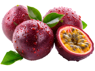 Close-up of fresh, juicy passion fruits with water droplets on a transparent background, one cut in half revealing seeds. PNG.