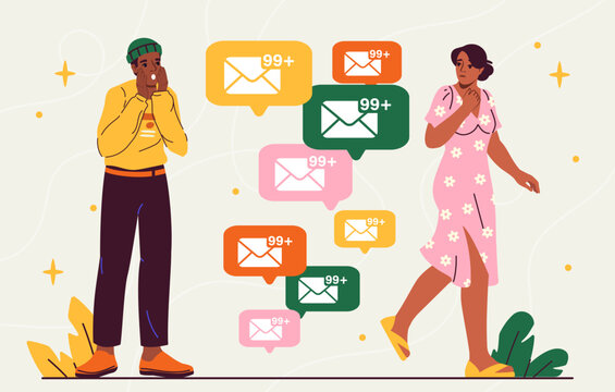 Digital distraction concept. Woman walk with smartphone. Notification from mobile applications, websites and social networks. Cartoon flat vector illustration isolated on white background