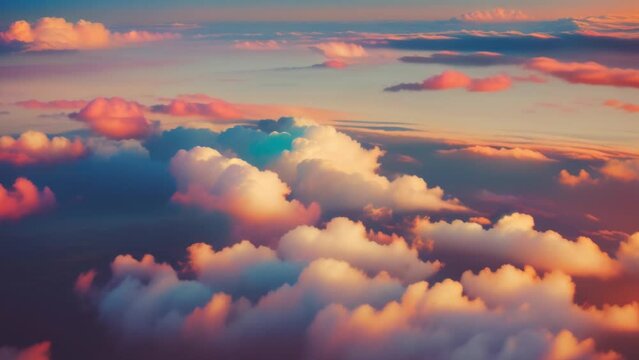 Above the clouds, dawn's palette unfolds, blending vibrant blues with wisps of golden light at sunrise. Wind concept. Stock footage. Timelapse. Sky background.
