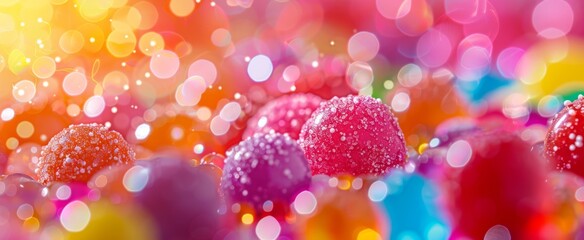 Close-up of sparkling sugared gummy candies in a bokeh of radiant colors creating a festive and cheerful background.