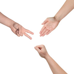 People playing rock, paper and scissors on white background, top view