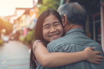 asian teenage daughter hugging her father outside in town when spending time together - obrazy, fototapety, plakaty
