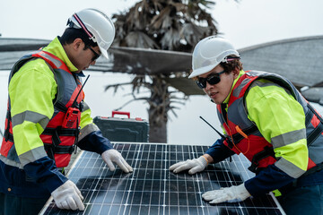 engineer men inspect modules of photovoltaic cell panels. Industrial Renewable energy of green power. workers prepare materials before construction on site with the stack of panels at background.