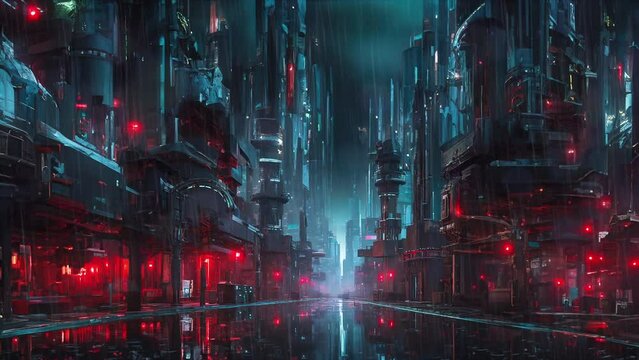 Epic sci-fi city at night during rain storm - wide shot