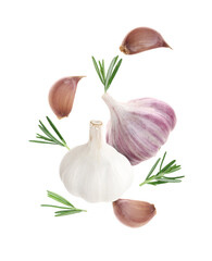 Fresh garlic and rosemary falling on white background