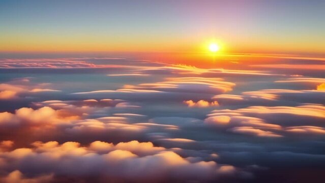 Infinite horizon unfolds above clouds, as dawn's first light ignites the heavens. Nature stock footage. Time lapse. Horizon background.
