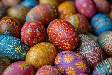 Fototapeta na wymiar Easter eggs with detailed floral designs and speckles set against springtime backgrounds of grass and flowers, embodying the festive spirit of the season