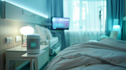 A smart speaker in the room responding to voice commands and providing music or relaxation sounds to aid in patient comfort and relaxation.