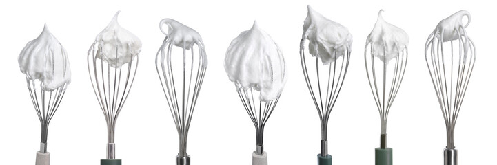 Many different whisks with cream isolated on white, collection - obrazy, fototapety, plakaty