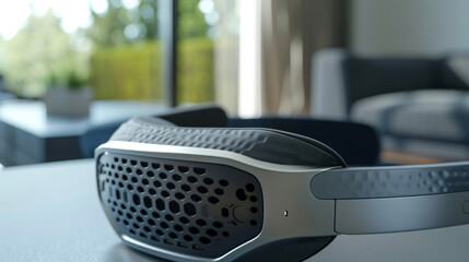 The detailed shot of a stateoftheart air purifier headband designed for comfortable wearing and effective purification without obstructing vision.