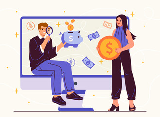 People with frugality. Man and woman with magnifying glass and computer monitor. Financial literacy. Budget and savings. Cartoon flat vector illustration isolated on grey background