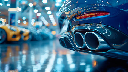 Close-up to a high performance luxury car's exhaust pipes in a luxury car dealership. Image with...