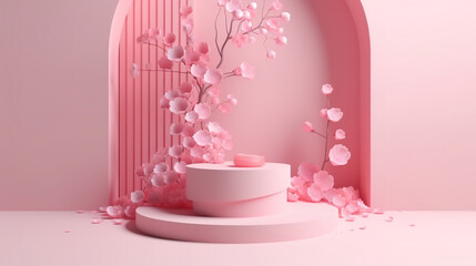 Fototapeta na wymiar pink podium display. Sakura pink flower falling. Cosmetic or beauty product promotion step floral, pastel pedestal.