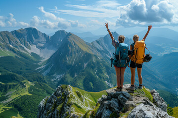 Two hikers raising their arms at the top of a hike - obrazy, fototapety, plakaty