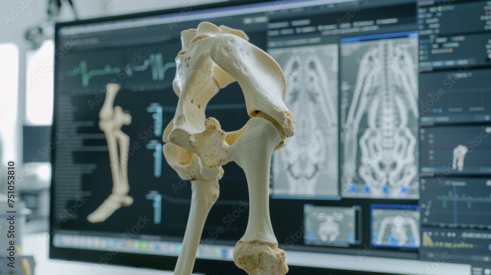 Poster on a computer screen a digital twin of a patients hip joint is being rotated and manipulated to simu