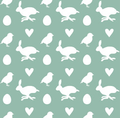 Vector seamless pattern of Easter chick and rabbit isolated on mint background
