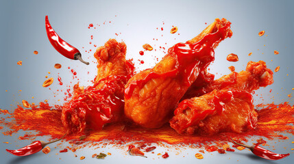 Fried Chicken with red chili splashing - obrazy, fototapety, plakaty