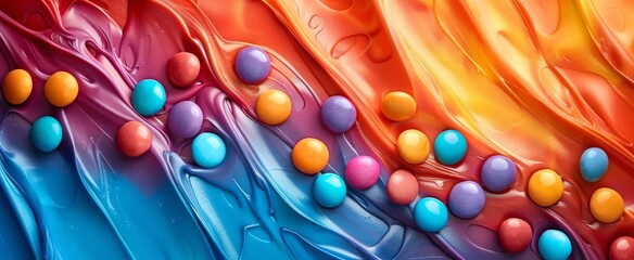 Colorful chocolate candies on a flowing abstract background of rich, creamy waves in vivid blue, purple, red, and orange hues.