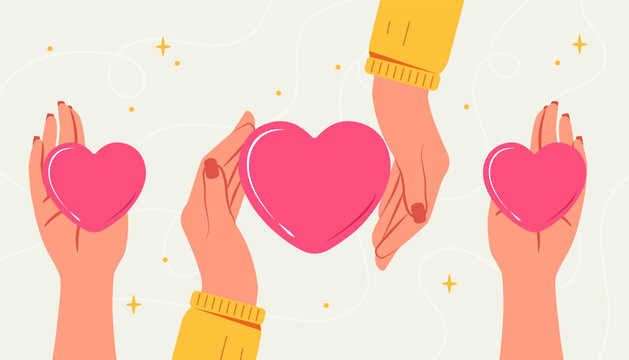 Hands holding hearts set. Metaphor of love and kindness. Volunteers and activists. Charity and generosity. Poster or banner. Cartoon flat vector collection isolated on white background