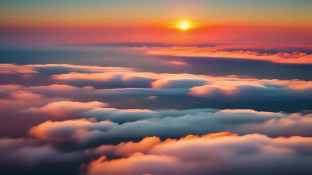 Vivid sunrise illuminates the boundless expanse, where clouds dance beneath a canopy of azure brilliance. Weather concept. Nature stock footage. Timelapse. Sky background.

